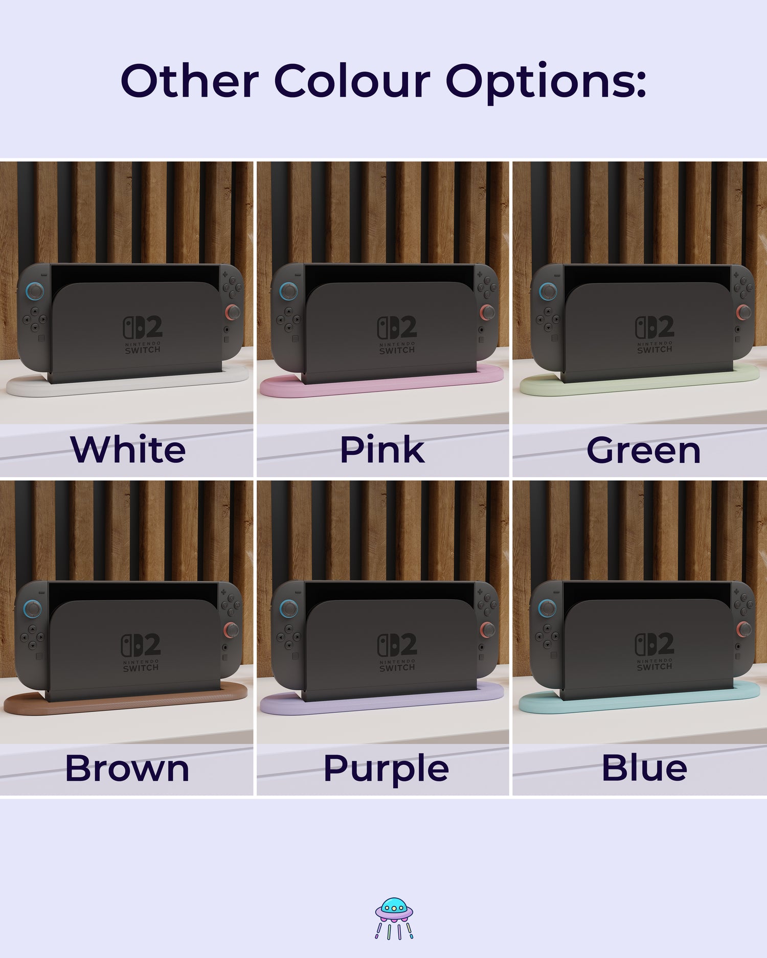 Image showing six colour options for the Nintendo Switch 2 dock cover base in different PLA filament colours. The colour options displayed are: White, Pink, Green, Brown, Purple, and Blue. Each dock is paired with matching Joy-Con controllers. The title reads &