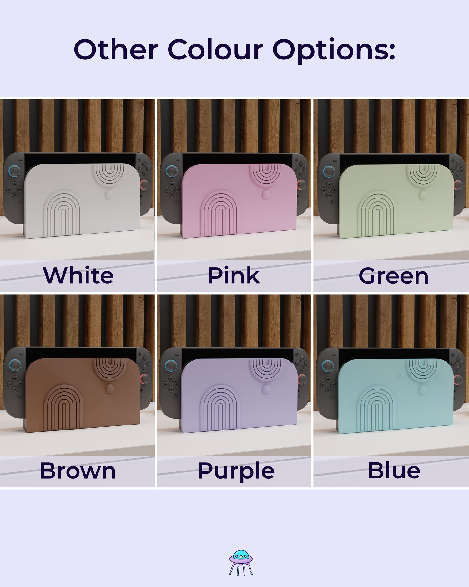 Image showing six colour options for the Nintendo Switch 2 with dock cover, featuring a beige PLA filament cover and base. The cover has two embossed arch designs on the front—one larger arch at the bottom left and a smaller arch in the top right corner, alongside a small circular detail. The colour options displayed are: White, Pink, Green, Brown, Purple, and Blue. Each dock is paired with matching Joy-Con controllers. The title reads &
